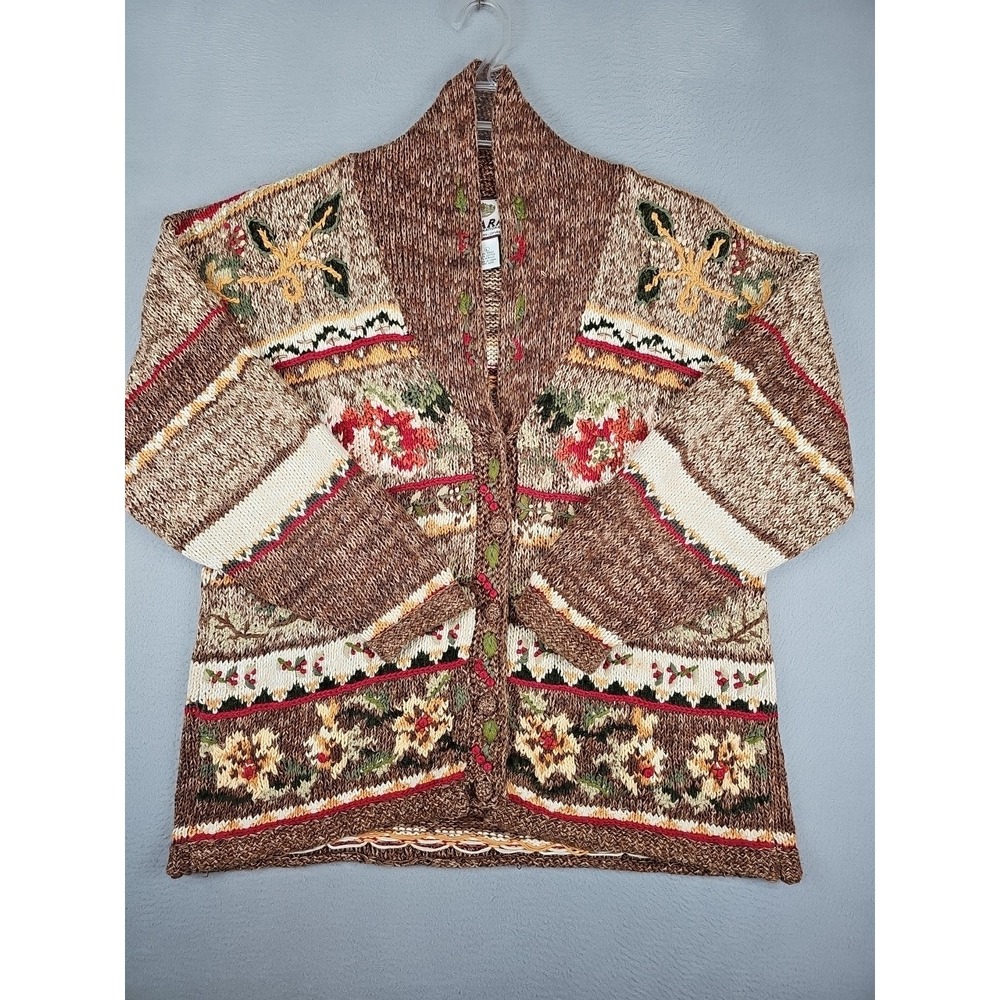 Vtg 1991 Tiara International Cottagecore Floral Knit Cardigan Women's Large